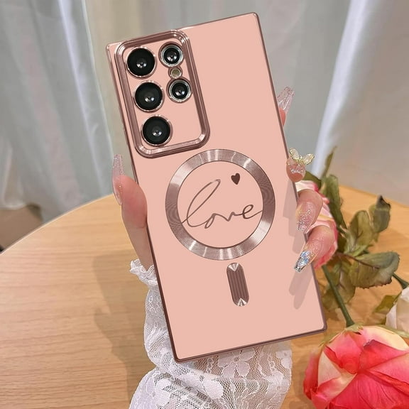 for Samsung Galaxy S22 Ultra Magnetic Case Compatible with MagSafe, Luxury Plating Bling Love Heart Pattern Transparent Shockproof Case with Raised Full Camera Lens Protection-Pink