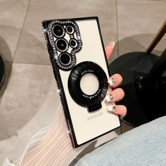 for Samsung Galaxy S22 Ultra Magnetic Glitter Case with Ring Holder Stand, Luxury Bling Rhinestone Clear Phone Case, Compatible with MagSafe and Camera Lens Protection Cover for Women Girls, Black