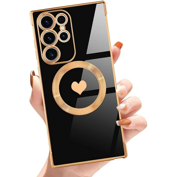 for Samsung Galaxy S22 Ultra Magnetic Phone Case Luxury Plating Cute Love Heart [Compatible with Magsafe] Slim Fit Shockproof Full Body Protective Case for Women Girls-Black
