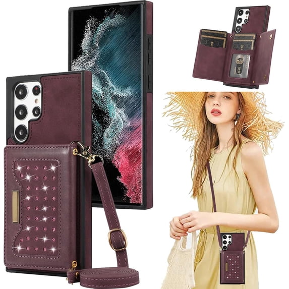 for Samsung Galaxy S22 Ultra (Not S22) Crossbody Wallet Case for Women, Bling Glitter PU Leather Phone Case with RFID Blocking Card Holder Cover for Samsung Galaxy S22 Ultra SZ Red