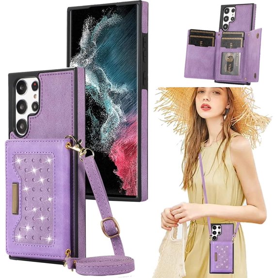 for Samsung Galaxy S22 Ultra (Not S22) Crossbody Wallet Case for Women, Bling Glitter PU Leather Phone Case with RFID Blocking Card Holder Cover for Samsung Galaxy S22 Ultra SZ Purple