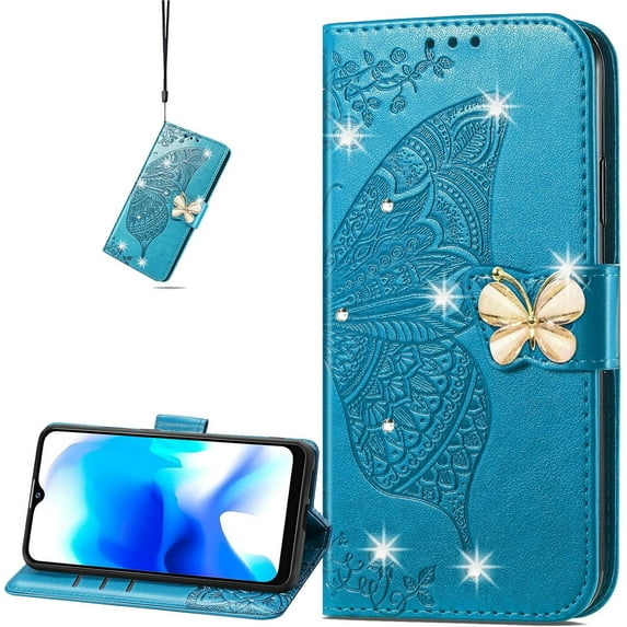 for Samsung Galaxy S22 Ultra (Not S22) Wallet Case,Butterfly Flower PU Leather with Credit Card Slots Holder Magnetic Closure Case Cover for Samsung Galaxy S22 Ultra Rhinestone Blue