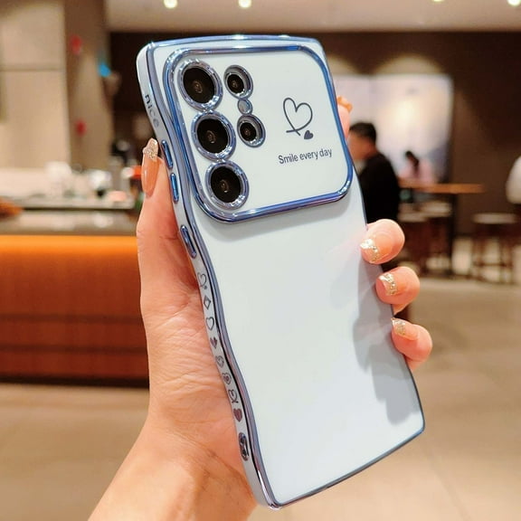 For Samsung Galaxy S22 Ultra Phone Case,Wavy Frame Designing,Love Heart Pattern,Luxury Plating Shockproof Anti-fall Soft TPU Ultra Slim Thin Fit Cute Electroplated Phone Case Cover,Blue