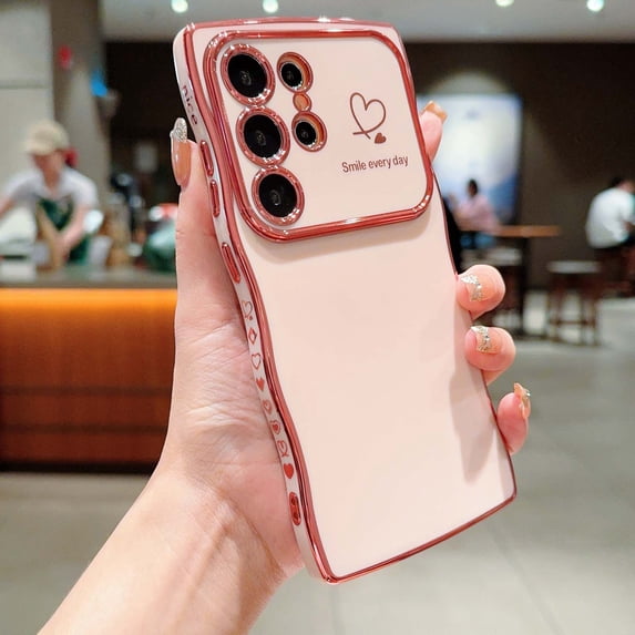 For Samsung Galaxy S22 Ultra Phone Case,Wavy Frame Designing,Love Heart Pattern,Luxury Plating Shockproof Anti-fall Soft TPU Ultra Slim Thin Fit Cute Electroplated Phone Case Cover,Pink