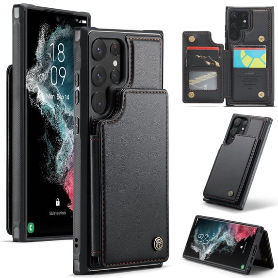 for Samsung Galaxy S22 Ultra Premium PU Leather Back Case, Multiple Card Slots Design, Double Magnetic Clasp Study Kickstand RFID Blocking Classic Phone Cover for Samsung Galaxy S22 Ultra, Black