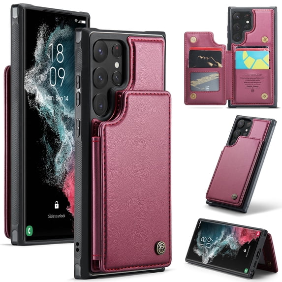 for Samsung Galaxy S22 Ultra Premium PU Leather Back Case, Multiple Card Slots Design, Double Magnetic Clasp Study Kickstand RFID Blocking Classic Phone Cover for Samsung Galaxy S22 Ultra, Winered