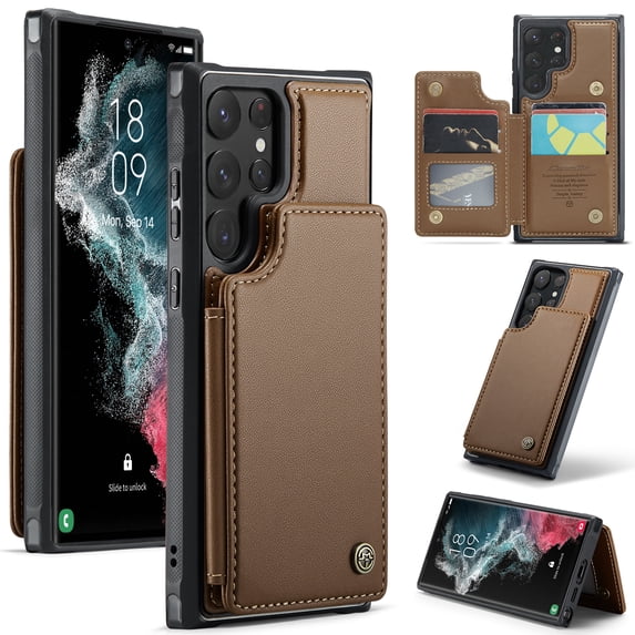 for Samsung Galaxy S22 Ultra Premium PU Leather Back Case, Multiple Card Slots Design, Double Magnetic Clasp Study Kickstand RFID Blocking Classic Phone Cover for Samsung Galaxy S22 Ultra, Brown