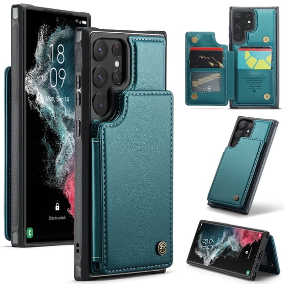 for Samsung Galaxy S22 Ultra Premium PU Leather Back Case, Multiple Card Slots Design, Double Magnetic Clasp Study Kickstand RFID Blocking Classic Phone Cover for Samsung Galaxy S22 Ultra, Blue