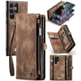 thumbnail image 1 of for Samsung Galaxy S22 Ultra Premium PU Leather Folding Case, Multiple Card Slots Design, Wrist Strap Zipper Pocket Kickstand Magnetic Snap, Wireless Charging for Samsung Galaxy S22 Ultra, Darkbrown, 1 of 10