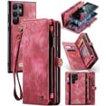 thumbnail image 1 of for Samsung Galaxy S22 Ultra Premium PU Leather Folding Case, Multiple Card Slots Design, Wrist Strap Zipper Pocket Kickstand Magnetic Snap, Wireless Charging for Samsung Galaxy S22 Ultra, Red, 1 of 10