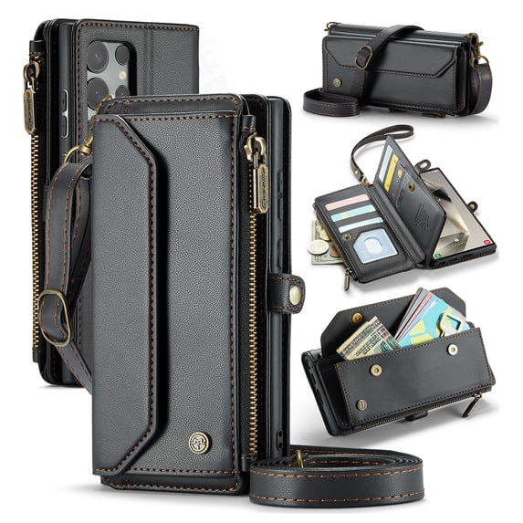 for Samsung Galaxy S22 Ultra Rugged Case, Classic PU Leather Shoulder Strap Wrist Strap Zipper Pocket RFID Blocking Wireless Charging Kickstand Case Cover for Samsung Galaxy S22 Ultra, Black