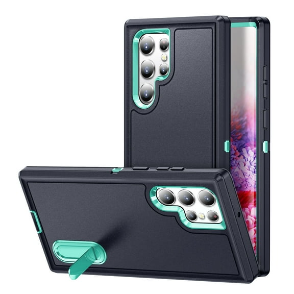 Samsung Galaxy S22 Ultra Shockproof Case with Built-in Metal Kickstand, Dteck 3-Layer Full Body Protection [Without Screen Protector] Rugged Heavy Duty Durable Cover Case, Blue+Mint