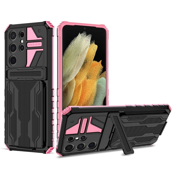 for Samsung Galaxy S22 Ultra Sliding Card Slot Back Case with Hidden Kickstand, Hybrid TPU + PC Fall Prevention Shock Absorption Anti-drop Protective Phone Case Cover for Galaxy S22 Ultra, Pink