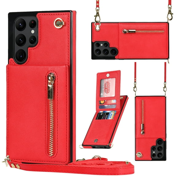 for Samsung Galaxy S22 Ultra Wallet Case with Card Holder, Crossbody Lanyard Wrist Strap PU Leather Case with Magnetic Clasp Kickstand, Zipper Coin Pocket Back Flip Folio Cover for Women,Red