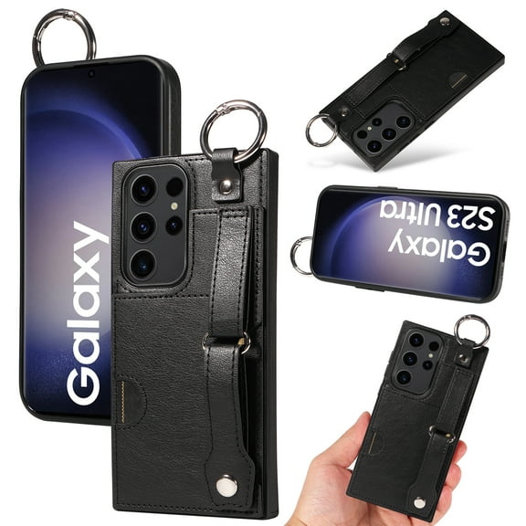 for Samsung Galaxy S22 Ultra Wallet Case with Card Holder, Hand Wrist Strap Loop Holder Kickstand, Finger Grip Ring Buckle PU Leather Double Buttons Shockproof Cover for Samsung Galaxy S22 Ultra,Black