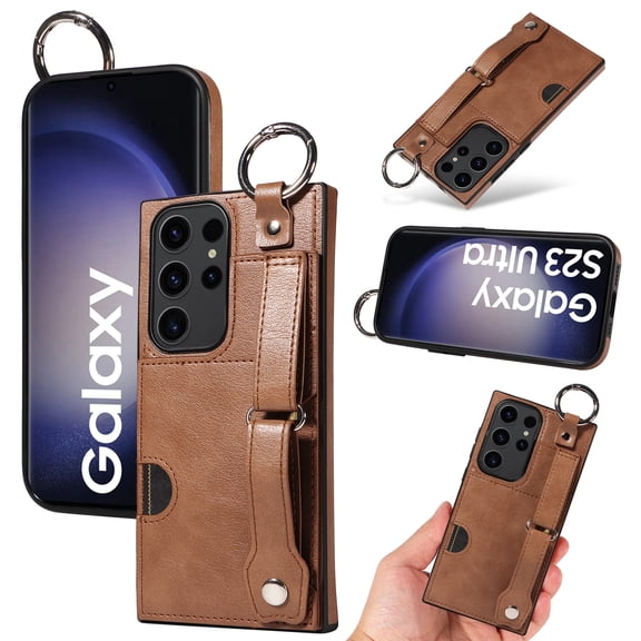 for Samsung Galaxy S22 Ultra Wallet Case with Card Holder, Hand Wrist Strap Loop Holder Kickstand, Finger Grip Ring Buckle PU Leather Double Buttons Shockproof Cover for Samsung Galaxy S22 Ultra,Brown