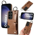 thumbnail image 1 of for Samsung Galaxy S22 Ultra Wallet Case with Card Holder, Hand Wrist Strap Loop Holder Kickstand, Finger Grip Ring PU Leather Double Buttons Shockproof Soft TPU Cover for Galaxy S22 Ultra, Brown, 1 of 10