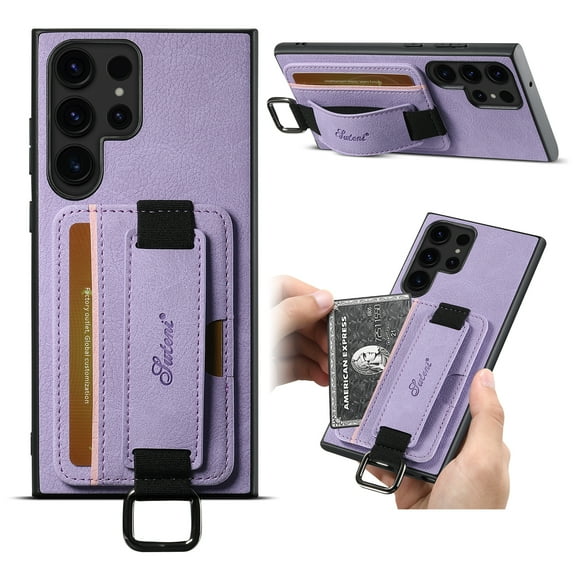 For Samsung Galaxy S22 Ultra Wallet Case, Card Holder Kickstand Phone Case for Women, Premium Leather Purse with Wrist Strap, Ring Holder Cover Credit Card Slot Cover,Purple