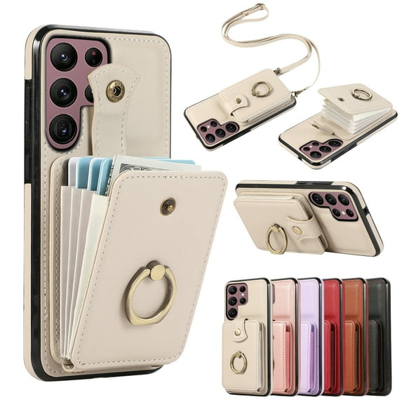 for Samsung Galaxy S22 Ultra Wallet Case with Card Holder, PU Leather Case with Ring Holder Kickstand, Snap Button Card Slots Case for Women Men for S22 Ultra with Crossbody Strap - Beige