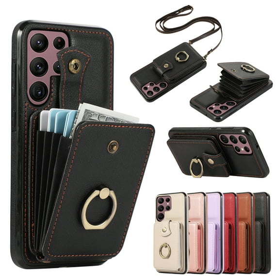 for Samsung Galaxy S22 Ultra Wallet Case with Card Holder, PU Leather Case with Ring Holder Kickstand, Snap Button Card Slots Case for Women Men for S22 Ultra with Crossbody Strap - Black