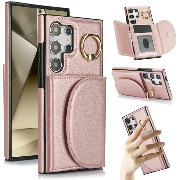 for Samsung Galaxy S22 Ultra Wallet Case with Card Holder Women Men, Flip PU Leather Kickstand Shockproof Protective Phone Cover Magnetic Clasp 360 Rotation Ring Stand for Samsung S22 Ultra, Rosegold