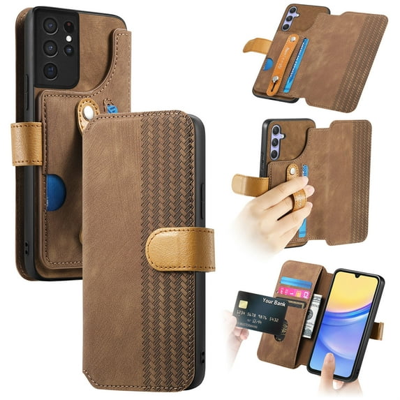 for Samsung Galaxy S22 Ultra Wallet Case with Card Slots&Cash Slot【RFID Blocking】, With Wrist Kickstand,Flip Folio Book PU Leather Shockproof Anti-fall Rugged Phone case Cover For Women Men,Brown
