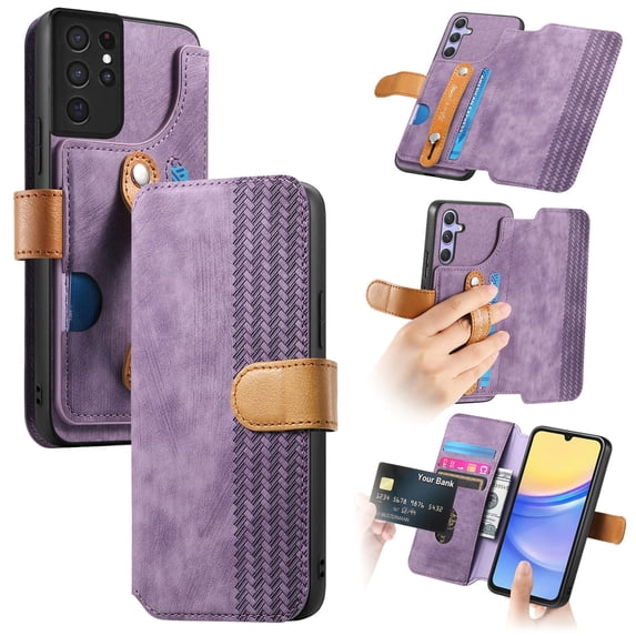 for Samsung Galaxy S22 Ultra Wallet Case with Card Slots&Cash Slot【RFID Blocking】, With Wrist Kickstand,Flip Folio Book PU Leather Shockproof Anti-fall Rugged Phone case Cover For Women Men,Purple