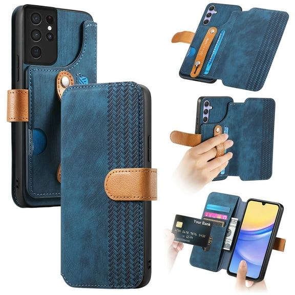 for Samsung Galaxy S22 Ultra Wallet Case with Card Slots & Cash Slot【RFID Blocking】, With Wrist Kickstand,Flip Folio Book PU Leather Shockproof Anti-fall Rugged Phone case Cover For Women Men,Blue