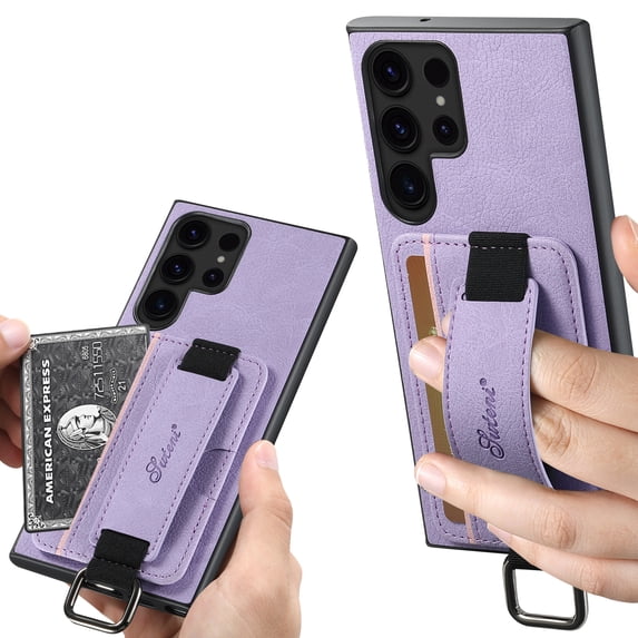 for Samsung Galaxy S22 Ultra Wallet Case, Classic Finger Ring with Card Holder Lychee Texture PU Leather Back Cover with Wristband Kickstand Shockproof Drop Protective for S22 Ultra, Purple