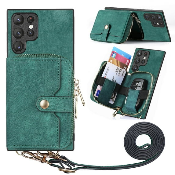 for Samsung Galaxy S22 Ultra Wallet Case, Crossbody Phone Purse with Card Holder for Women, Zipper PU Leather Carrying Cover Gift with Shoulder Strap Kickstand Anti-drop for S22 Ultra - Green