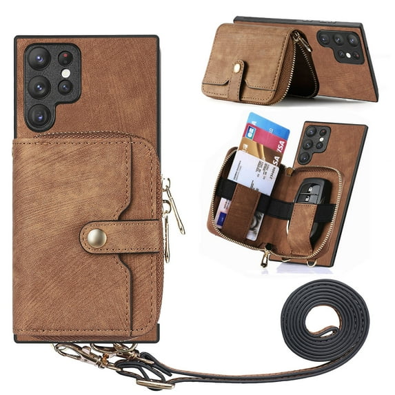 for Samsung Galaxy S22 Ultra Wallet Case, Crossbody Phone Purse with Card Holder for Women, Zipper PU Leather Carrying Cover Gift with Shoulder Strap Kickstand Anti-drop for S22 Ultra - Brown