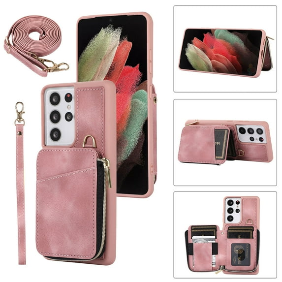 for Samsung Galaxy S22 Ultra Wallet Case Crossbody Strap, Zipper Phone Case with Card Holder Wrist Strap Purse Cover with Kickstand Compatible with Samsung Galaxy S22 Ultra 6.8 inch - Pink