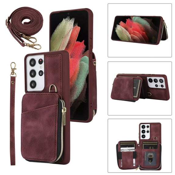 for Samsung Galaxy S22 Ultra Wallet Case Crossbody Strap, Zipper Phone Case with Card Holder Wrist Strap Purse Cover with Kickstand Compatible with Samsung Galaxy S22 Ultra 6.8 inch - Winered