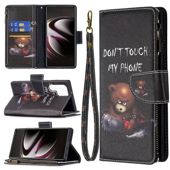 Samsung Galaxy S22 Ultra Wallet Case, Dteck Zipper Pocket 9 Card Slots Wallet Phone Case with Hand Strap For Samsung Galaxy S22 Ultra 6.8 inch 2022,Bear