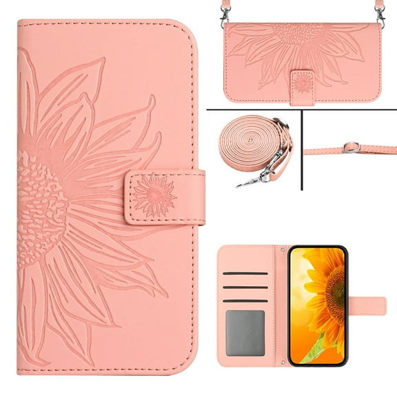for Samsung Galaxy S22 Ultra Wallet Case, Flip Case PU Leather Soft TPU Embossed Folio Magnetic Adjustable Kickstand Crossbody Strap Cover Card Slots Fall Prevention Case, Pink