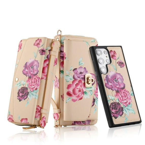 for Samsung Galaxy S22 Ultra Wallet Case - Magnetic Detachable Back Case with RFID Blocking Card Holder, Hand Strap & Crossbody Strap, Floral Flower PU Leather Flip Cover Case for Women Girls, Yellow
