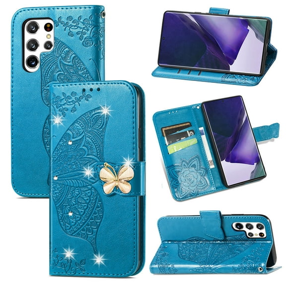 Samsung Galaxy S22 Ultra Wallet Case, Mantto Bling Butterfly Flower PU Leather Flip Phone Cover Credit Cards Slot Shockproof Protective Kickstand Case for Samsung Galaxy S22 Ultra, Blue