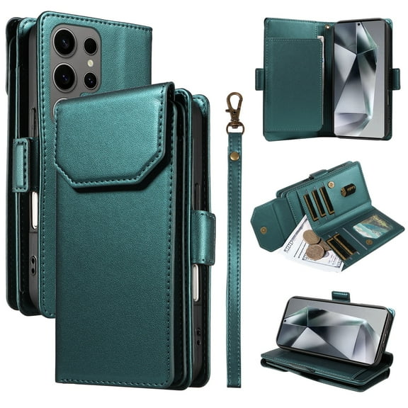 For Samsung Galaxy S22 Ultra Wallet Case, [RFID Blocking 11 Card Slots & 2 Cash Pockets] [Kickstand] [Wrist Strap] [Magnetic Closure] Soft PU Leather Shockproof Protective Flip Case,Green