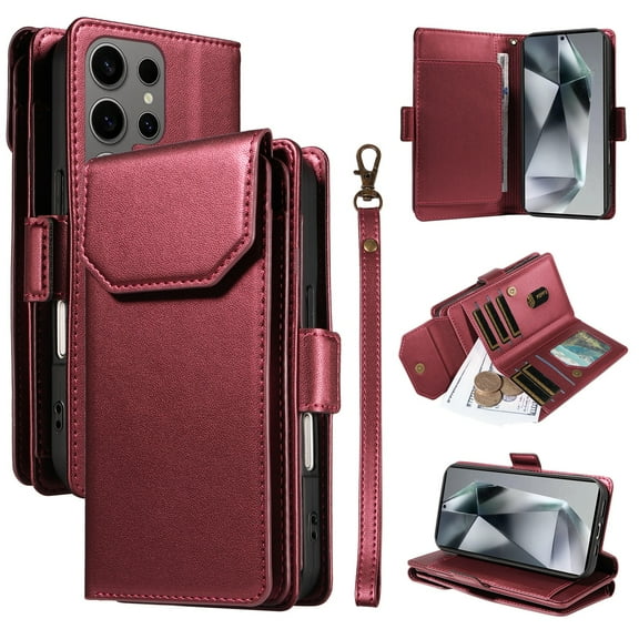 For Samsung Galaxy S22 Ultra Wallet Case, [RFID Blocking 11 Card Slots & 2 Cash Pockets] [Kickstand] [Wrist Strap] [Magnetic Closure] Soft PU Leather Shockproof Protective Flip Case,Red