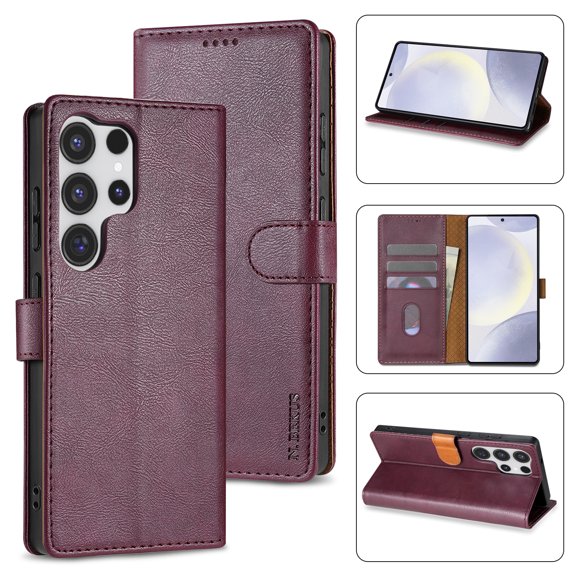 for Samsung Galaxy S22 Ultra Wallet Case with RFID Blocking Credit Card Holder, Magnetic Clasp PU Leather Folio Flip Kickstand Shockproof Cover Women Men for Samsung Galaxy S22 Ultra,Winered