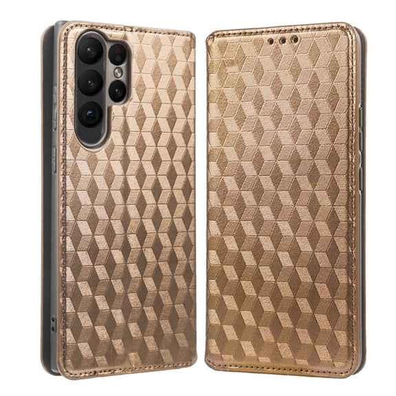 For Samsung Galaxy S22 Ultra Wallet Case with RFID Blocking ID Credit Card Holder, Luxury Diamond Patterned Shiny PU Leather Magnetic Folio Book Flip Kickstand Shockproof Phone Case, Brown
