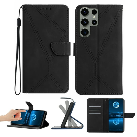 For Samsung Galaxy S22 Ultra Wallet Case with [RFID Blocking] Leather Flip Folio Strong Magnetic Closure Cover Credit Card Holder with Hand Strap Kickstand Men Women, Black