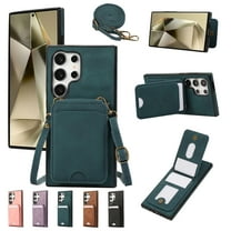 for Samsung Galaxy S22 Ultra Wallet Case with Shoulder Lanyard Strap, Crossbody Phone Case with Card Holder Slots for Women Girls, Luxury PU Leather Flip Stand Purse Cover Shockproof Case, Green