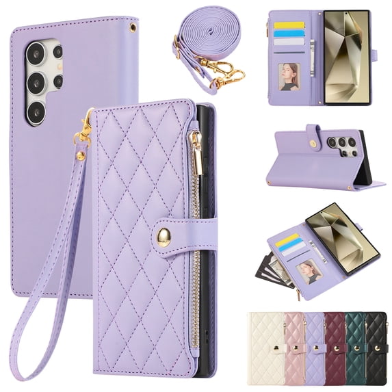 for Samsung Galaxy S22 Ultra Wallet Case with Zipper Pocket Card Holder & Crossbody Lanyard Strap & Wrist Strap, Flip Stand PU Leather Magnetic Folio Purse Case for Galaxy S22 Ultra, Purple