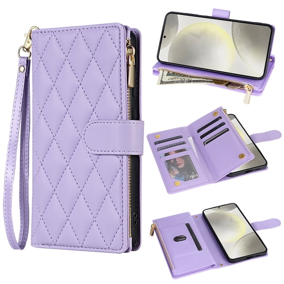 for Samsung Galaxy S22 Ultra Wallet case with Card Holder,Phone case RFID Blocking PU Leather Flip Shockproof Cover with Hand Strap Zipper Credit Card Holder Slots for Women Men,Purple