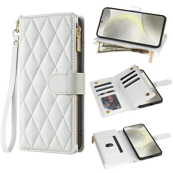for Samsung Galaxy S22 Ultra Wallet case with Card Holder,Phone case RFID Blocking PU Leather Flip Shockproof Cover with Hand Strap Zipper Credit Card Holder Slots for Women Men,White