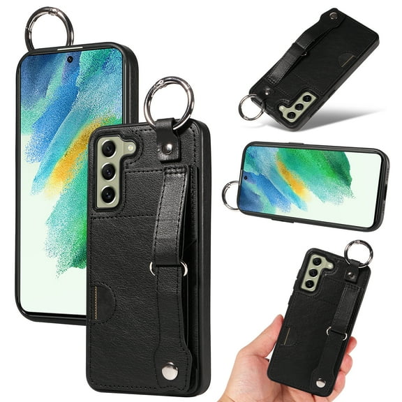 for Samsung Galaxy S22 Wallet Case with Card Holder, Hand Wrist Strap Loop Holder Kickstand, Finger Grip Ring Buckle PU Leather Double Buttons Shockproof Cover for Samsung Galaxy S22,Black