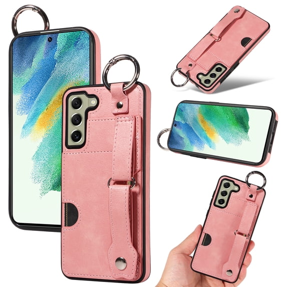 for Samsung Galaxy S22 Wallet Case with Card Holder, Hand Wrist Strap Loop Holder Kickstand, Finger Grip Ring PU Leather Double Buttons Shockproof Soft TPU Cover for Galaxy S22, Pink