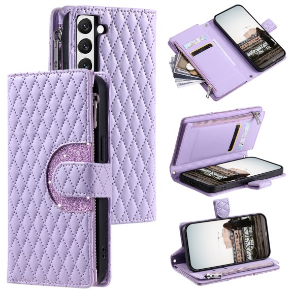 for Samsung Galaxy S22 Wallet Case with Card Holder & Kickstand & Wrist Strap, Flip Folio Book Style PU Leather Protective Cover with Crossbody Strap for Samsung Galaxy S22, Purple