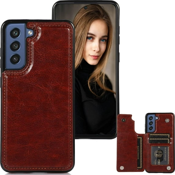 for Samsung Galaxy S22 Wallet Case with Card Holder, Minimalist Luxury PU Leather Magnetic Closure Kickstand Slim Hard Protective Case Cover for Samsung Galaxy S22 Brown